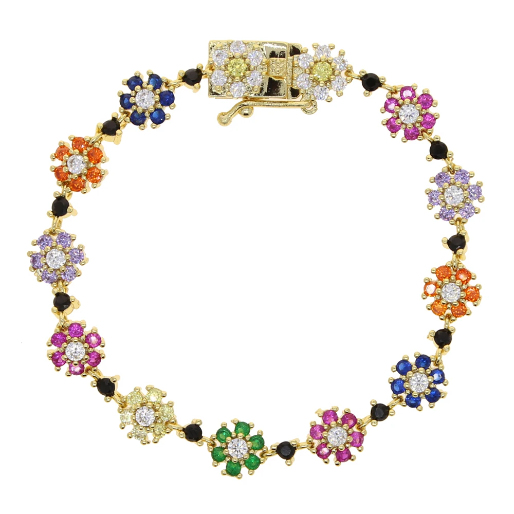 2025 New Arrived Fashion Thin Sparking Cz Colorful Flower Link Chain Bracelet Women Charming Romantic Gold Color Wedding Jewelry