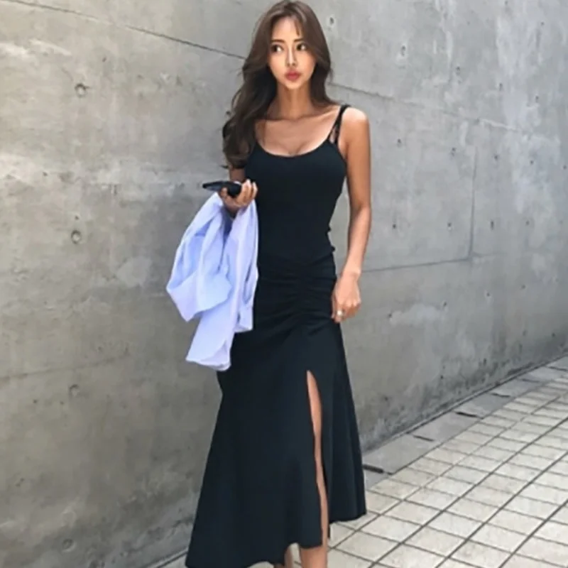 Summer Holiday High Street Sexy V Neck Black Spaghetti Strap Side Splits Irregular Dress Women Sleeveless Retro Drawstring Waist