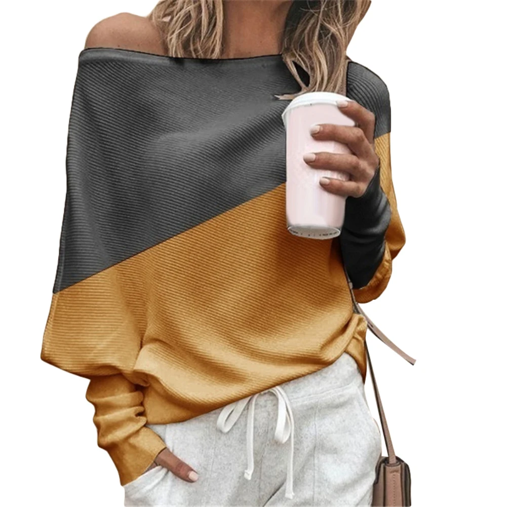 New Spring Autumn Women Sexy Color Block Off Shoulder Loose Long Sleeve T-Shirt Top футболка женская