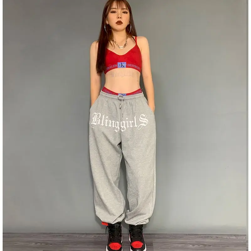 2024 Spring Summer New Women\'s Pants Gray Casual Sports Pants Hip-hop Gray Beam Guard Trousers Loose Hip-hop Trousers Printing