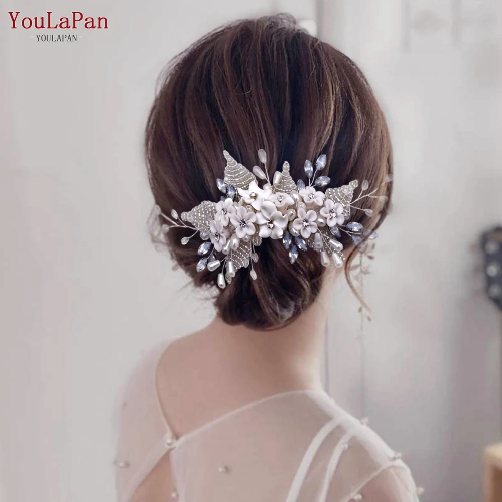 YouLaPan-accesorios para el cabello para novia, horquillas de boda con flores, pinzas para el pelo con perlas, peine con cuentas