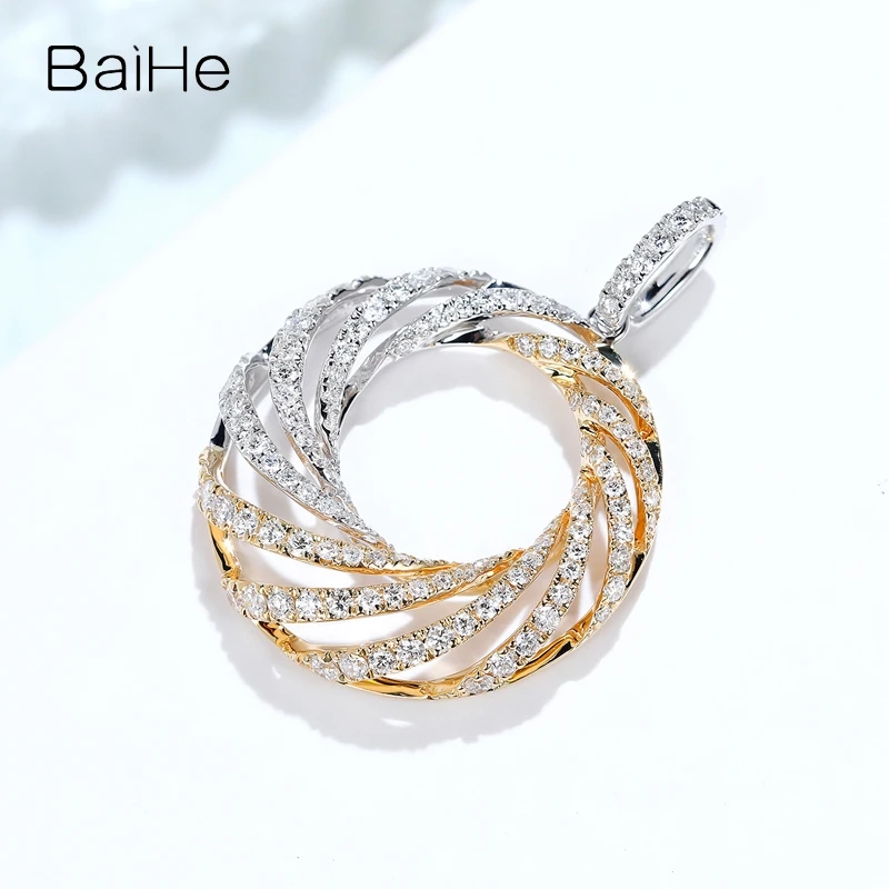 BAIHE Solid 14K White Rose Gold H/SI Natural Diamond Round vortex Pendant Women Men Trendy Party Simple exquisite Fine Jewelry