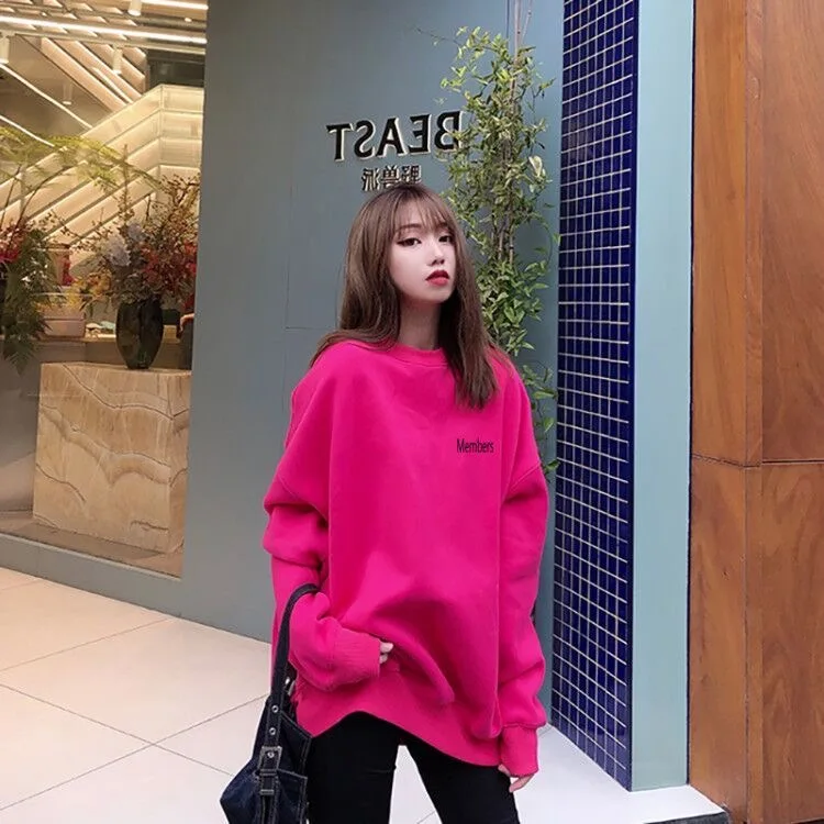 Dragon Fruit Color Letter Embroidery O Neck Thicken Sweatshirt Loose Casual Oversized Mid Length Winter Pullover Hoodies