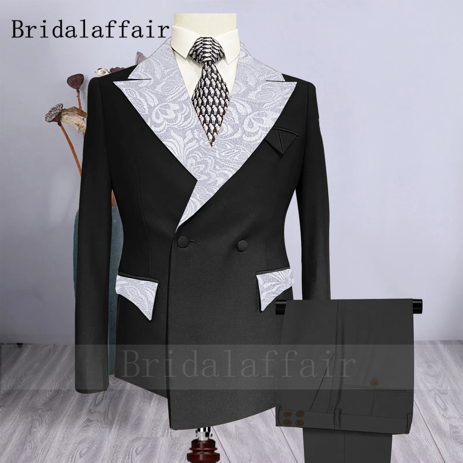 

Bridalaffair Men Black Suits Double Breasted Luxury Jacqaurd Notched Lapel Wedding Tuxedos for Men 2pcs Blazer Jacket Pant Set