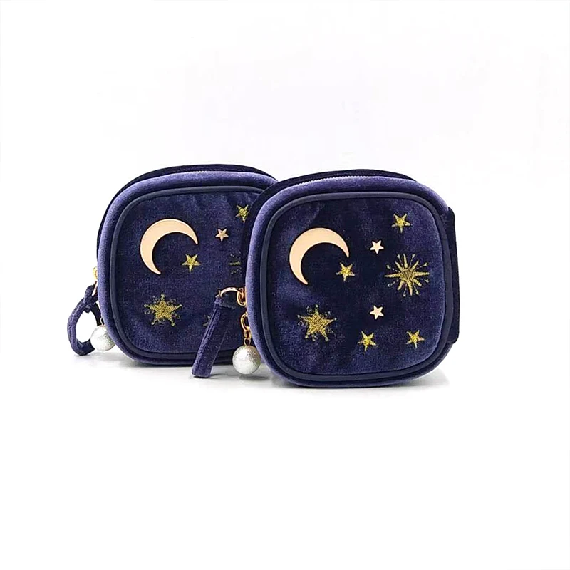 Blue Velvet Jewelry Storage 10*10cm Square Moon Star Embroidery Zipper Bags Necklace Bracelet Earring Organizer Carrying Case