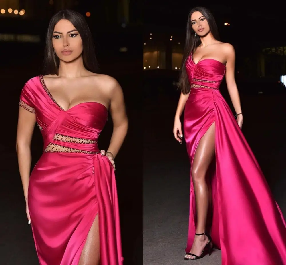 2023 arabisch Prom Abendkleid Perlen Slit Eine Schulter Hohe Split Formale Party Zweite Empfang Kleider Sexy Robe De Soiree