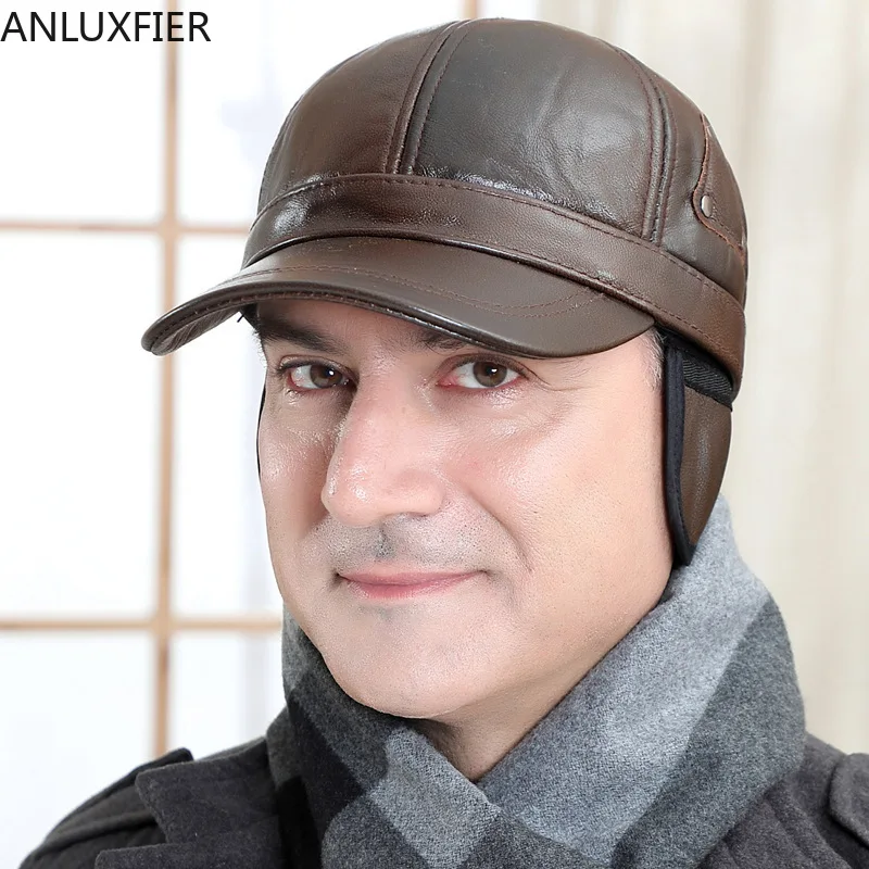 Genuine Leather Old Man Baseball Hat Winter Warming Cowhide Middle-aged Male Cap Outdoor Ear-protecting Leisure Men Hats H6941