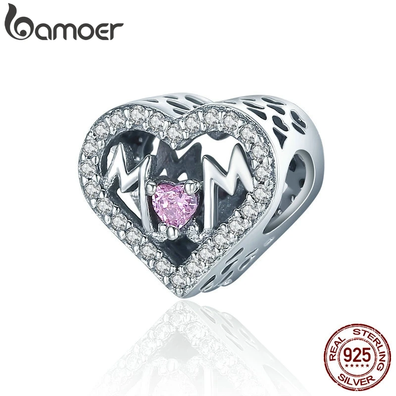 BAMOER Authentic 100% 925 Sterling Silver Heart MOM Letter Clear CZ Charm Fit Charm Bracelet DIY Jewelry Mother Gift SCC395