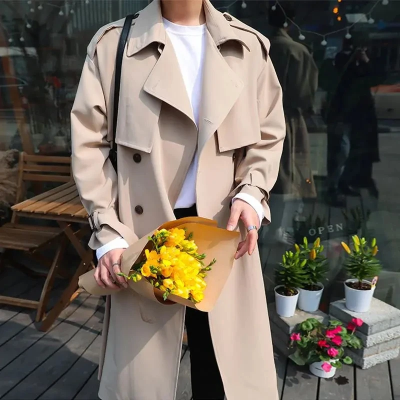 

Korean Fashion Double Breasted Windbreaker Men Autumn New Loose Middle Long Trench Coat Belt Casual Gabardina Hombre