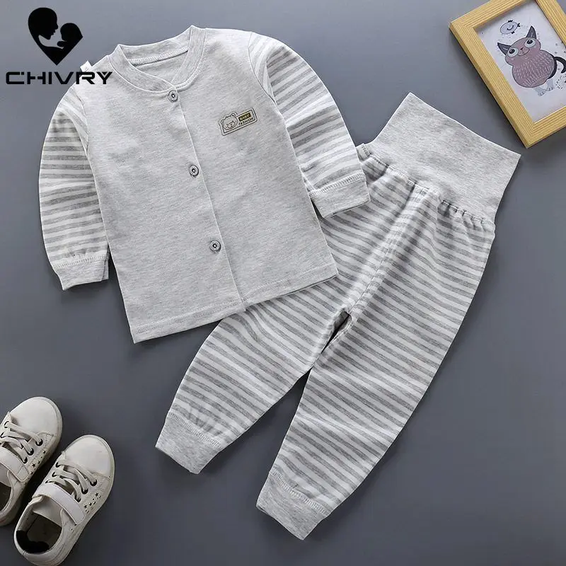 New Kids Boys Pajama Sets Cartoon Print Long Sleeve T-Shirt Tops with Striped Pants Newborn Baby Girls Autumn Sleeping Clothes