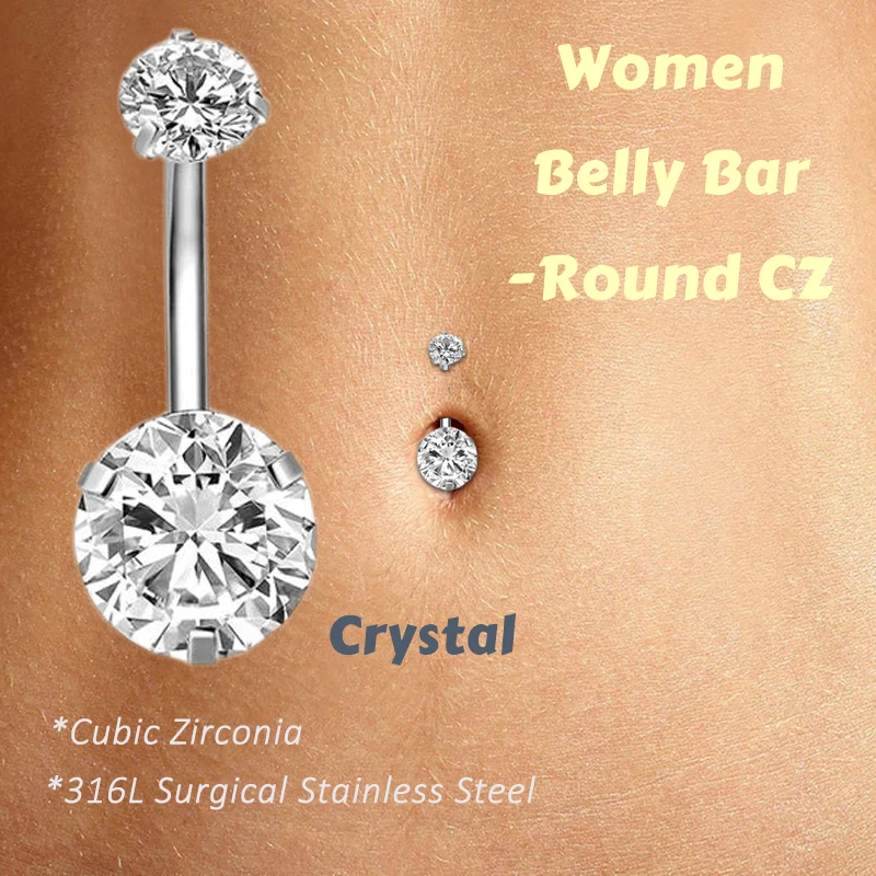 1 Pc/Pack 316L Surgical Stainless Steel Belly Button Rings Navel Piercing Bar with Round CZ-Cubic Zirconia Body Jewelry