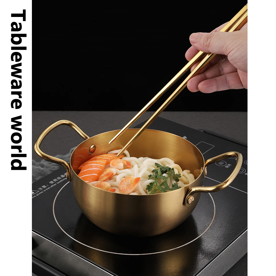 Korean Style Golden Stainless Steel Double Ear Pot Household Stew Soup Ramen Pot Creative Induction Cooker Instant Noodle Pot