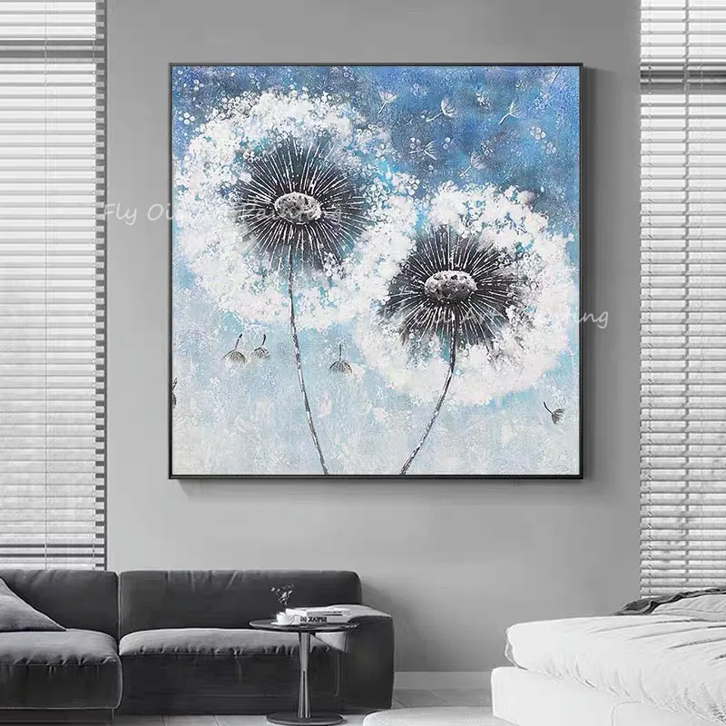 Abstract Dandelion Hand Painted Oil Painting On Canvas Blue Floral Wall Art Modern Palette Knife Textured Flower For Home Decor