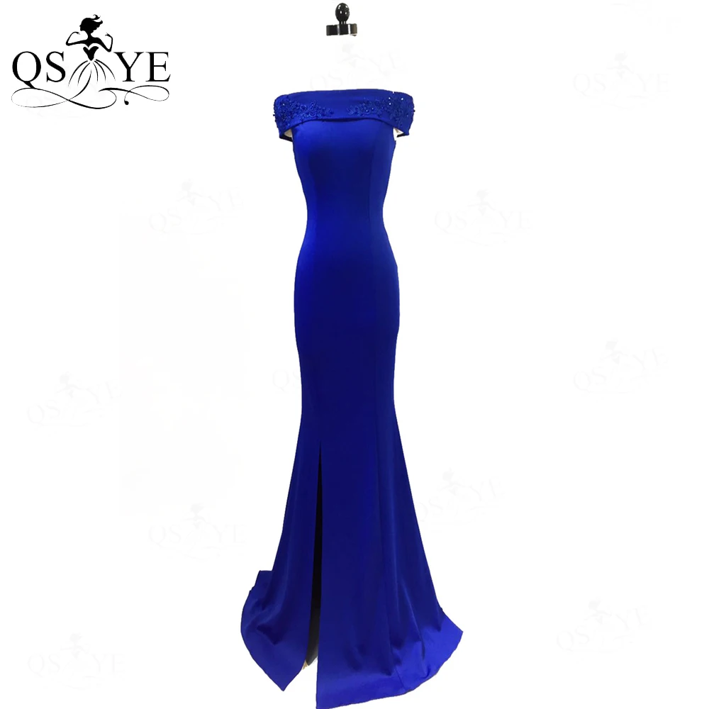 Vestido de noche de encaje con cuentas de sirena para mujer, Vestido de fiesta largo ajustado, Vestido de dama de honor, sin hombros, Azul Real