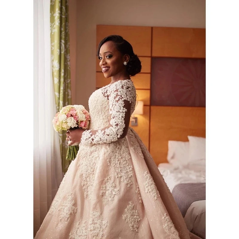 Personalizar africano nigeriano mangas largas vestidos de novia cuentas cristales Apliques de encaje corte tren vestido vestidos de novia personalizados