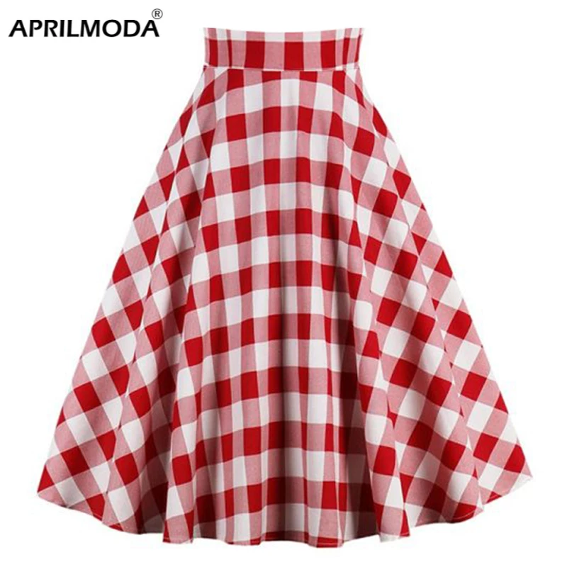 2023 Retro Checkered Plaid Casual Skirt Women Red White 50s 60s High Waist Rockabilly Cotton Summer Vintage Swing Pinup Skirts