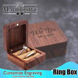 Wood Engagement Ring Bearer Box Rustic Custom Bride & groom Wedding Ring Box Pillow engraved Name Square Gift Wooden jewelry box