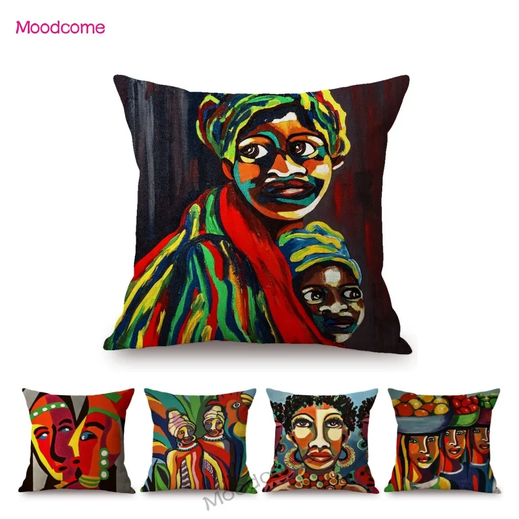 Colorful Abstract Africa Oil Painting Impressionism Art Cotton Linen Sofa Throw Pillow Case Black Girl Woman Cushion Cover Case