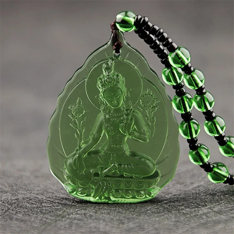 1pc Liuli Crystal Buddha Green Tara Pendant Amulet Buddha Charms Tibetan Buddhism Religion Amulet Pendant Crystal Beads Necklace