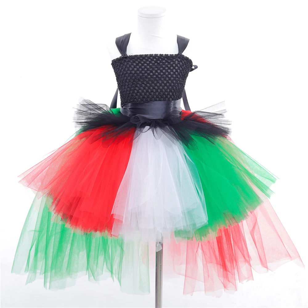 Fashion Red White Green Kids Girls  Tutu Dresses with Tail Tulle Dressed Up Black Toddler Girls Cosplay Clothes 1-14 year