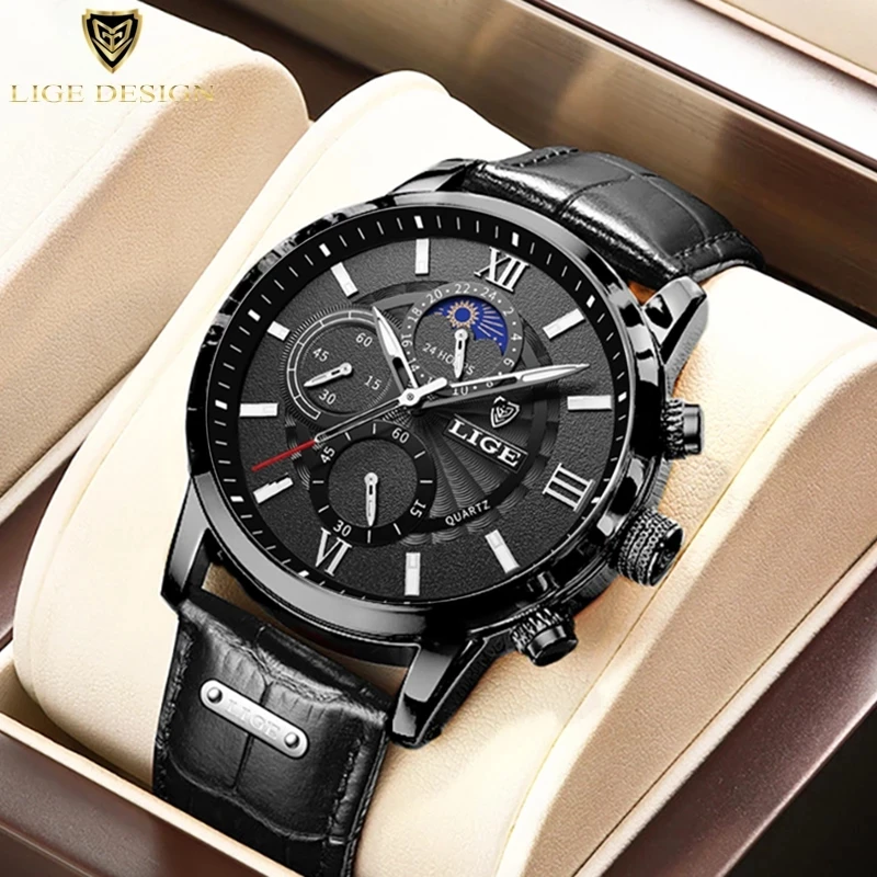 

2023 LIGE Watches Mens Top Brand Luxury Clock Casual Leathe 24Hour Moon Phase Men Watch Sport Waterproof Quartz Chronograph+Box