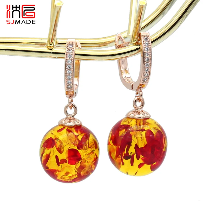 SHENJIANG New Vintage Fashion Round Flower Ambers Dangle Earrings 585 Rose Gold Color Eardrop For Women Wedding Jewelry