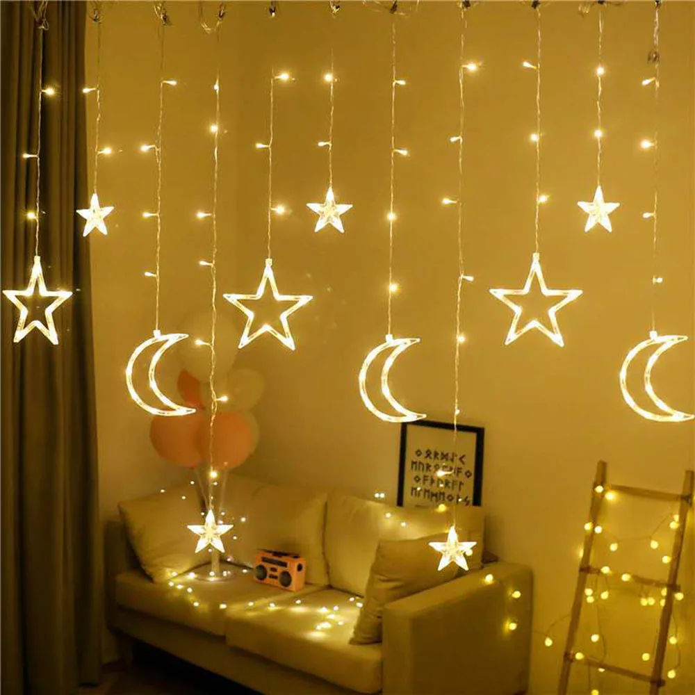 3.5M 138leds Romantic Holiday Lights Star Moon Led Curtain String Light Christmas Ramadan Garland Light For Wedding Party Decor