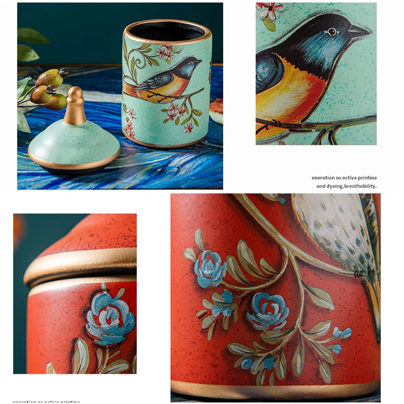 Retro Ceramic Kitchen Canister Vintage Storage Bottles Tea Candy Tin Sugar Pot Pastoral Bird Printing Painted Storage Jar Cans