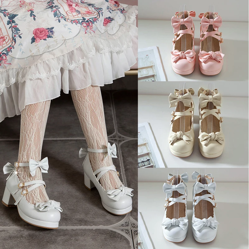 Sweet Bow Buckle Strap Mary Jane Shoes Woman Solid Color High Heel Platform Pumps Women Pink Lolita Ladies Colsplay Party Shoes