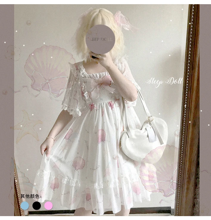 Mùa Hè Lolita Mềm Bé Gái Ngọt Ngào Tươi Vỏ Dễ Thương In Hình Lá Sen Phối Ren Suspender Đầm Victoria Đầm Kawaii Cô Gái Gothic