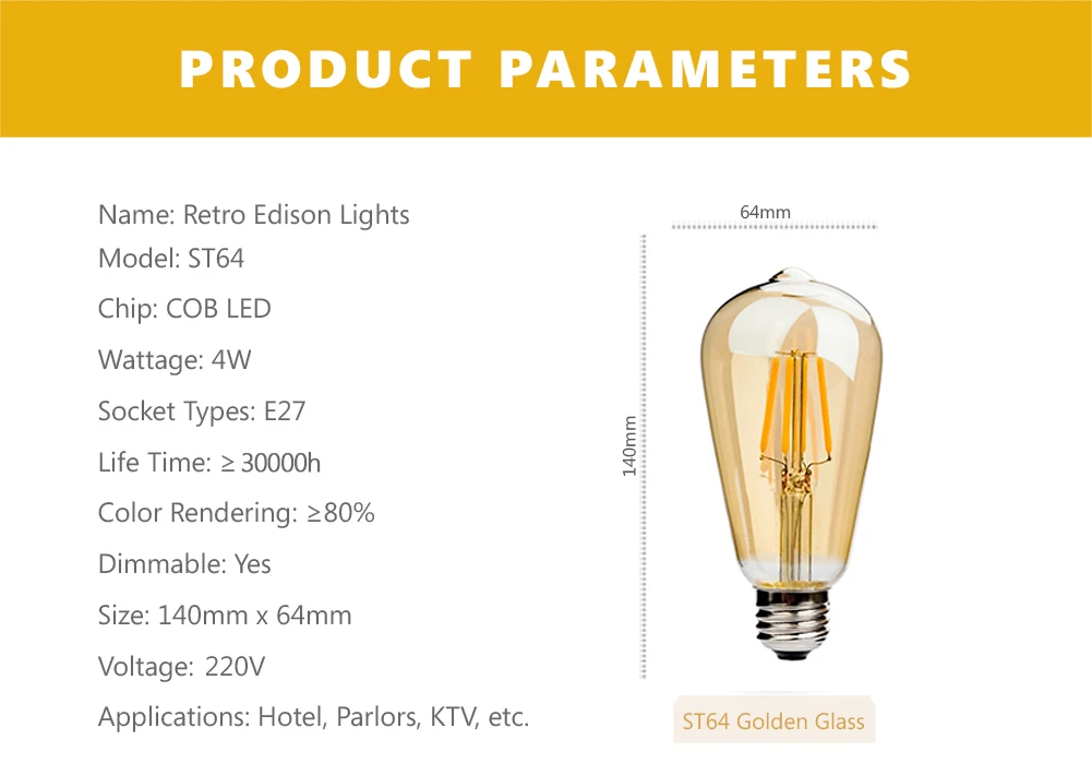 GANRILAND Dimmable Edison Retro Vintage Filament LED Bulb ST64 4W 6W Golden Cover Light Lamp 220V Warm White 2200K