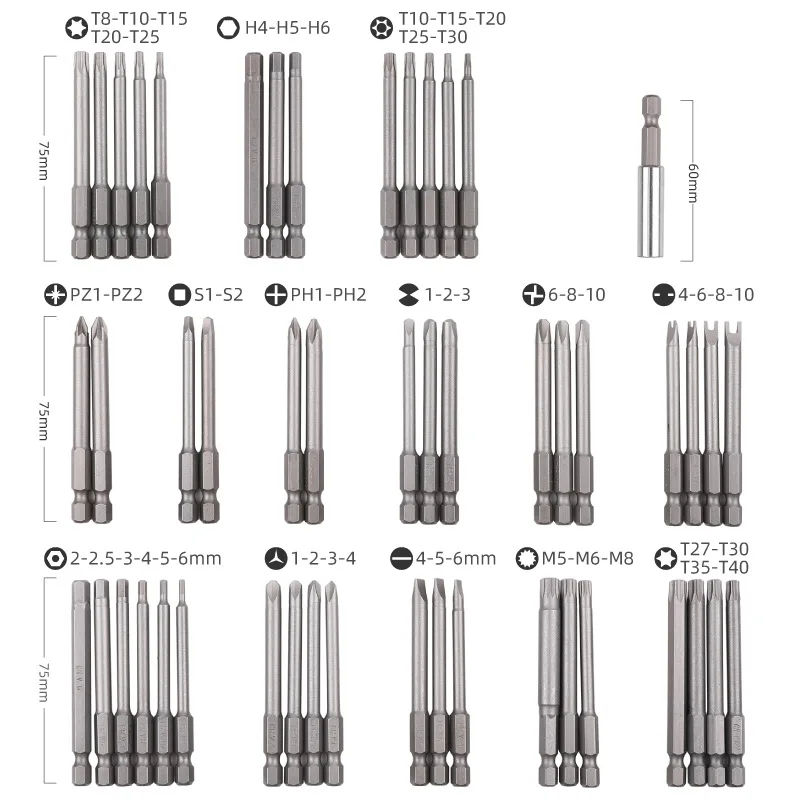 Imagem -02 - Broca Extra Longa 50 Peças 75 mm Conjunto de Brocas Crv de Liberação Rápida Suporte de Chave de Fenda Conjunto de Brocas de Segurança Torx Hex Pokémon