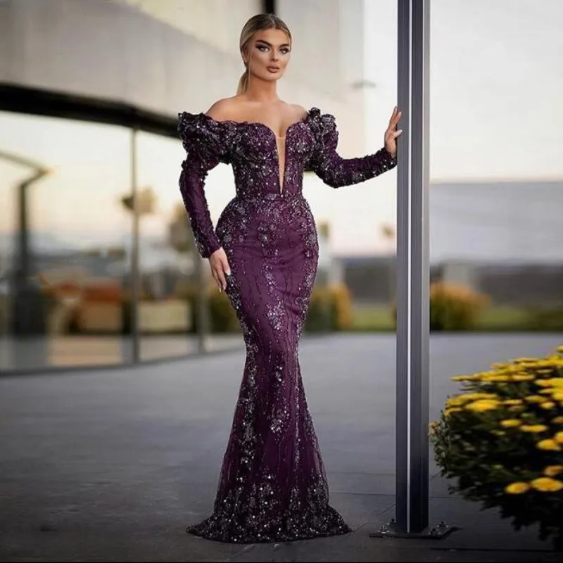 Roxo fora do ombro vestidos de noite sereia arábia saudita rendas applqiues contas vestidos de baile dubai robe de soiree feito sob encomenda