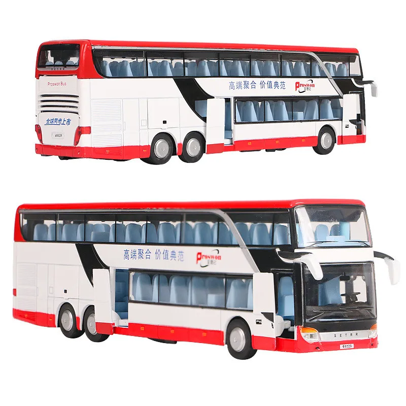 Autocarro de dois andares modelo de simulação, venda quente 1:50 modelo liga ônibus de viagem, som e luz puxar para trás brinquedos das crianças, frete grátis