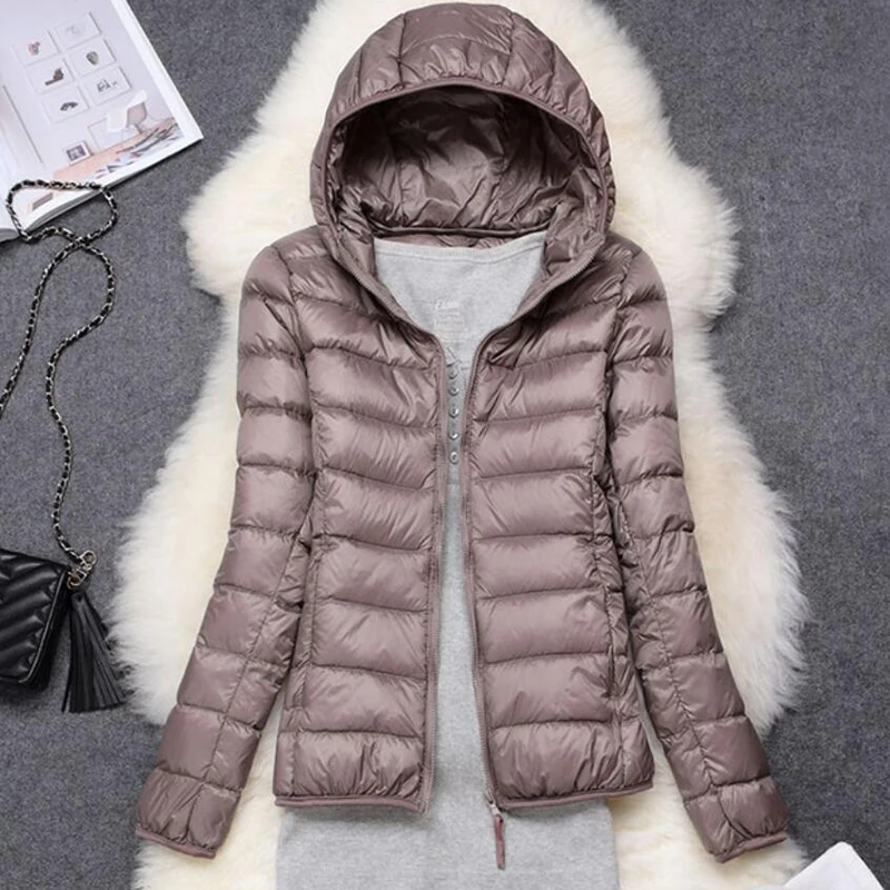 Chaqueta de plumón fina ultraligera para mujer, chaquetas con capucha de plumón de pato blanco, abrigo cálido de manga larga, Parka, prendas de vestir portátiles para mujer