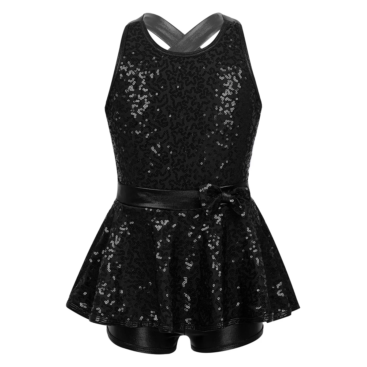 Kids Girls Ballet Dance Leotard Dress Jazz Modern Dance Jumpsuit Sleeveless Shiny Sequins Criss Cross Back Waist Bowknot Dress