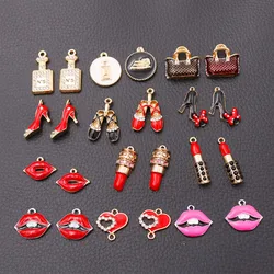 6pcs Enamel Makeup Metal Jewelry Pendant, Lipstick Charm, Perfume Charm, Red Lips Charm, Dance Shoes Charm, High Heel Charm,