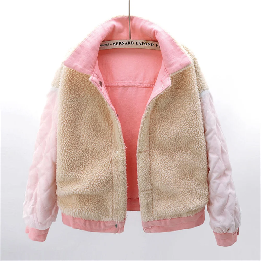 Faux Lambswool Lined Plus Velvet Thick Quilted Coat Pockets Stitching Autumn Winter Warm Women Denim Jackets Purple Pink Outwear