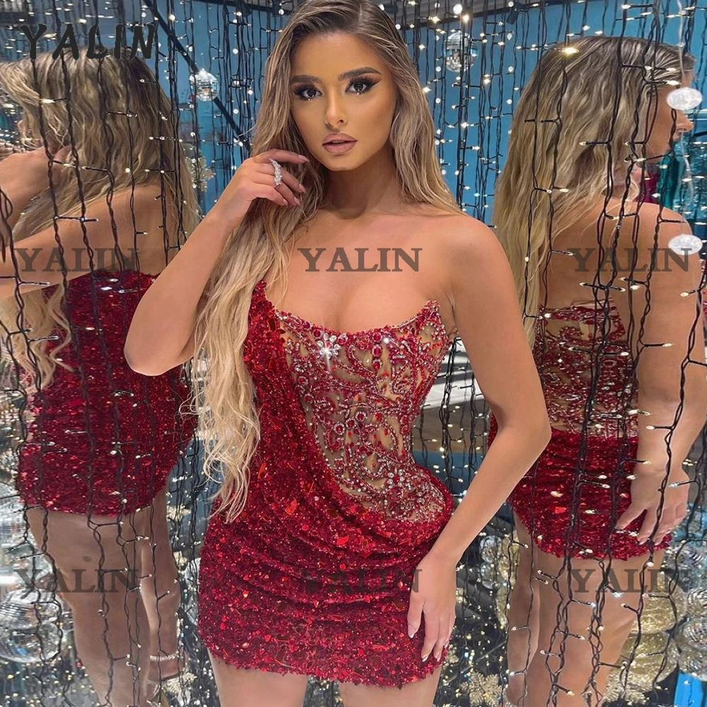 YALIN Burgundy ĐẦM Cocktail Áo Trên Đầu Gối Chiều Dài Dây Homecoming Đồ Bầu Sparkle Promise Vestidos De Fiesta