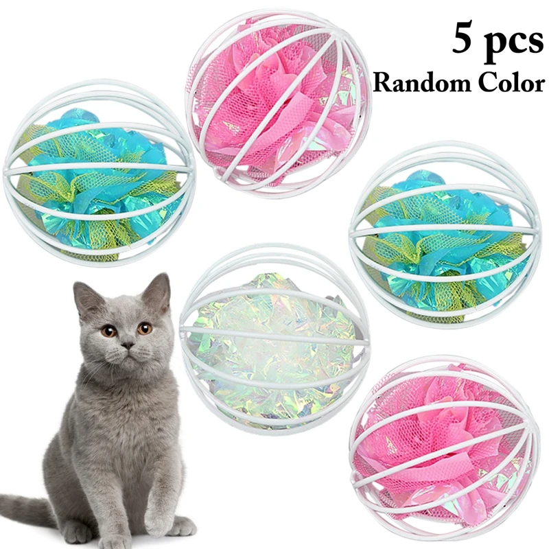 Cat Ball Toy Interactive Crinkle Ball In Cage Candy Color Steel Wire Hollow Cat Play Teaser Cat Ball Toy Pet Supplies For Cat