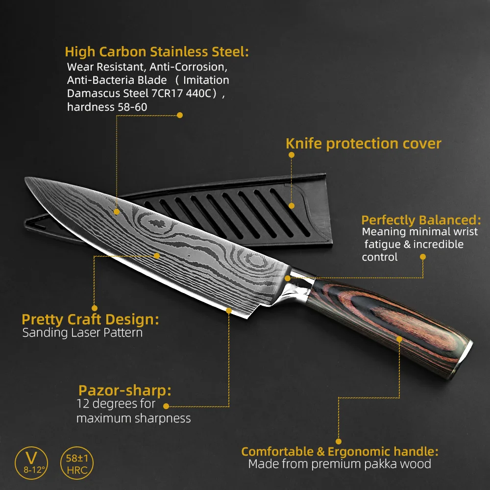 Kitchen Knives Japanes Chef Knives 7CR17 440C High Carbon Stainless Steel Damascus Drawing Gyuto Cleaver Slicer Santoku Knife