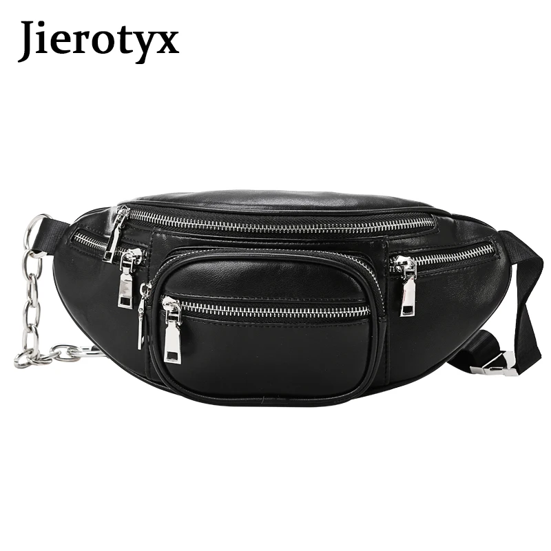 JIEROTYX skórzana torba na biodro kobiety luksusowej marki torby na pas saszetka na pasek torebka w klatce piersiowej czarny kolor Sexy nity Punk Gothic