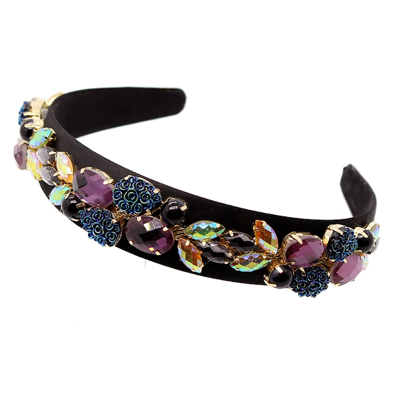 Vintage Baroque Black Purple Rhinestone Hairbands Flower Crystal Headbands For Women Luxurious Hair Accessories Jewelry