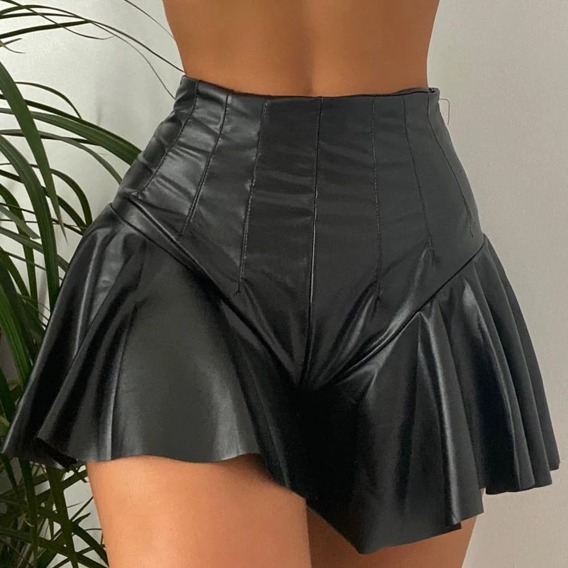 Women Faux Leather Mini Pants A-line Ruffle Zipper Black Skirts Shorts Pants High Waist Exotic Party Latex Clubwear Nightwear