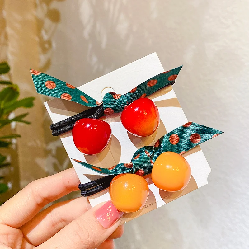 2 Pcs/Set Women Girls Cute Sweet Cherry Strawberry Bow Scrunchies Rubber Bands Lady Lovely Hair Bands Female Hair Accessories