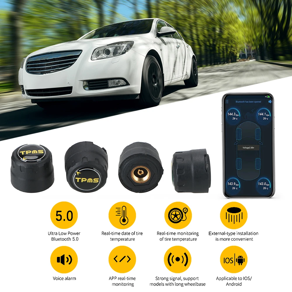 Android iOS BLE TPMS External Alarm Tire Pressure Sensors Universal Bluetooth 4.0 5.0 Car Tire Pressure Sensor Waterproof