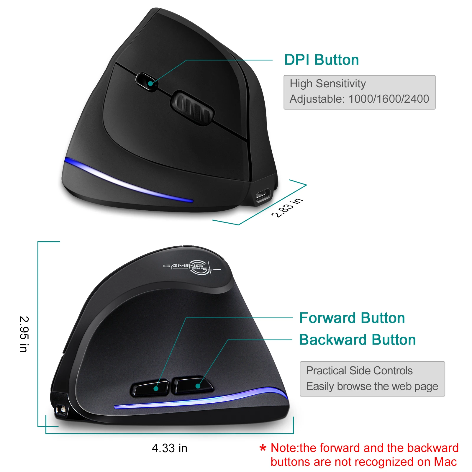 ZELOTES Bluetooth Mouse Vertical Wireless Mouse Recharge Optical RGB USB Game Mice For Windows Mac 2400 DPI 2.4G For PUBG LOL CS