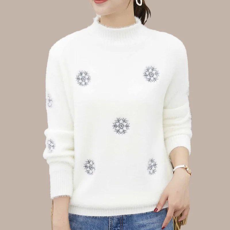 

Christmas Sweater Women Winter Embroidery Mink Cashmere Pattern Mohair Snowflake Autumn Student Water Velvet Thick Warm Sweater