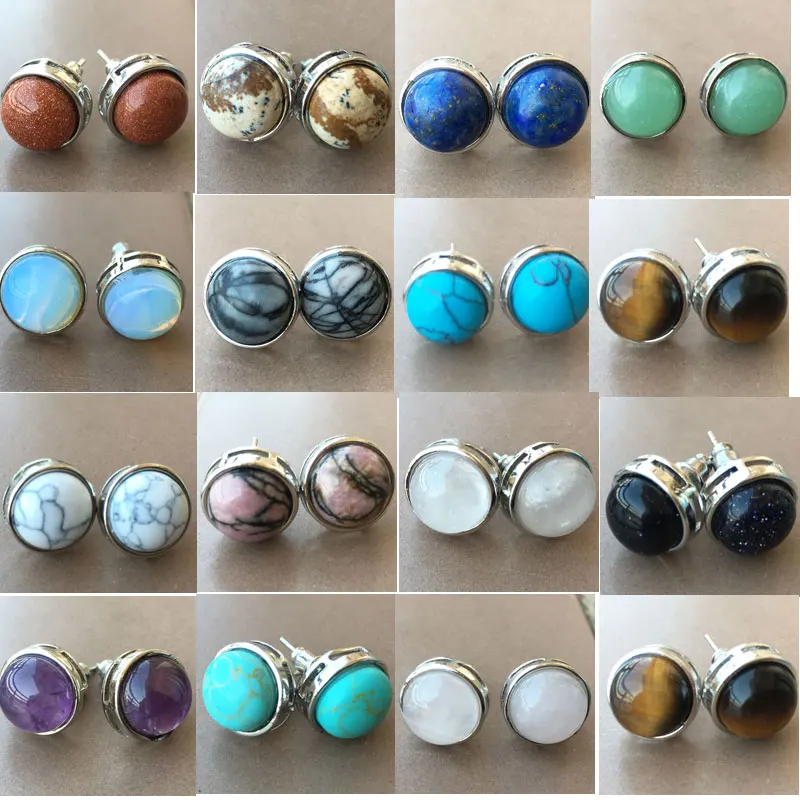 Howlite Crystal Lapis Lazuli Tiger Eye Rhodorite Jaspe Aventurine Opal Goldstone Blue Sand Round Beads Stud Earrings WFH799