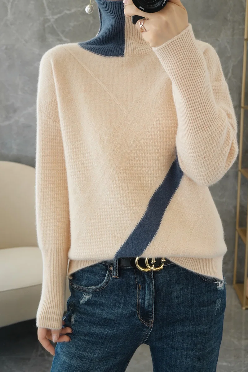 Autumn and Winter New Fashion Color-Blocking Turtleneck Sweater 100% Pure Wool Sweater Women Loose Pullover Lapel Wool Knitted